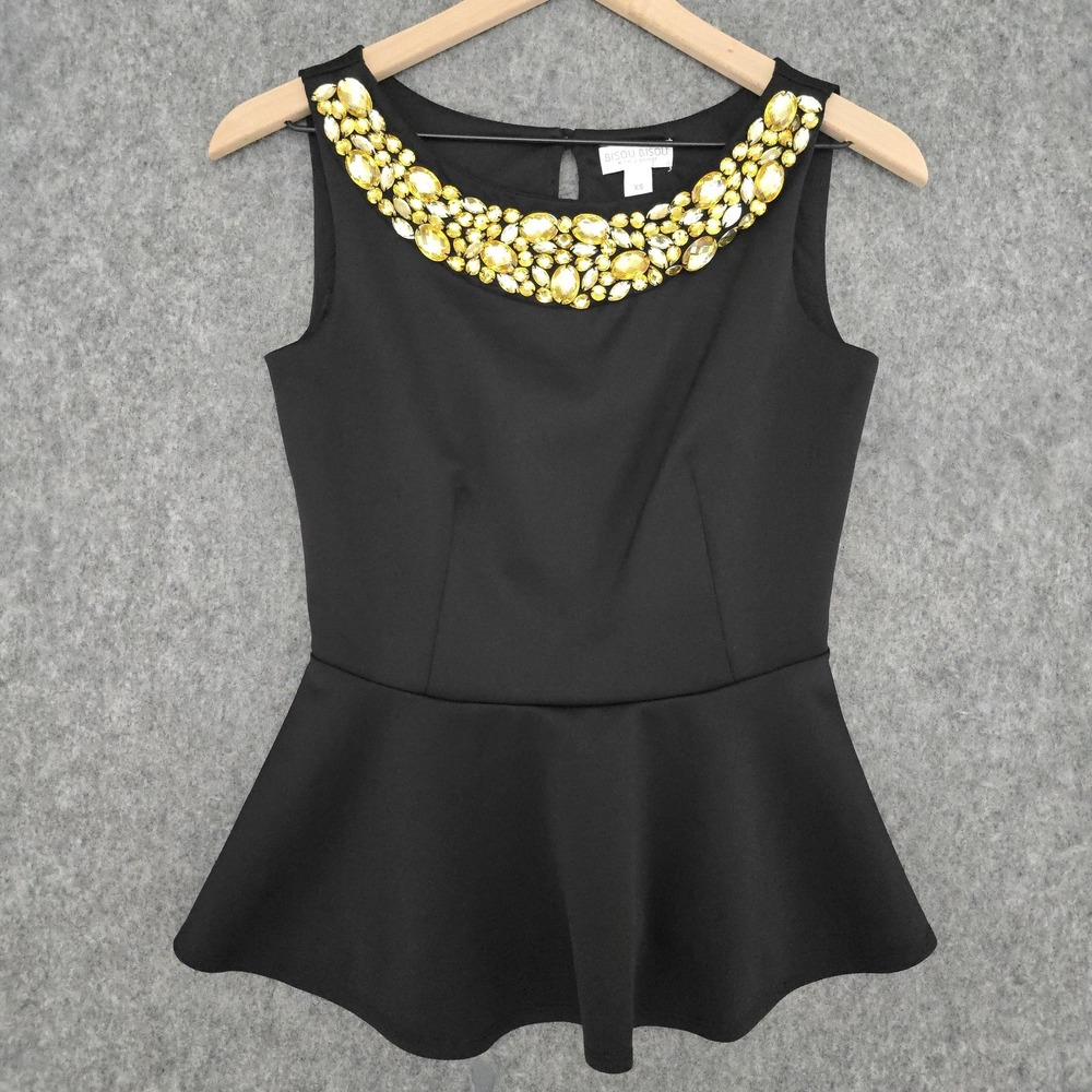 Bisou Bisou Michele Bohbot Shirt Womens XS Black Jeweled Peplum Tank Party Y2K